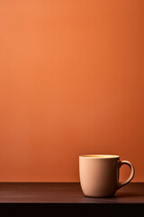 An espresso cup standing on a countertop isolated on an orange background. Homemade morning coffee, strong black coffee in a coffee shop. Arabica, selected beans. Space for text.