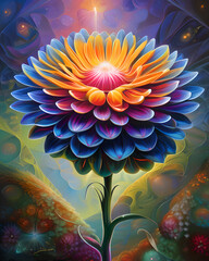 Close-up of a fictional blue, orange and pink flower. Looks like a chrysanthemum or dahlia