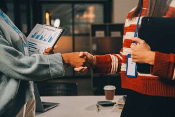 Meeting and greeting concept, Two confident Business handshake and business people after discussing...