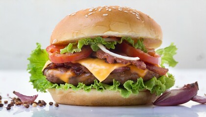 home made hamburger with lettuce cheese and bacon on white background