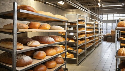 racks of fresh loaves of bread and buns from ovens in bakery