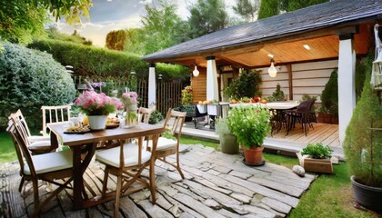 beautiful backyard with barbeque area and dining table