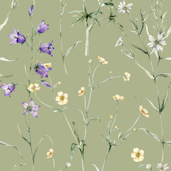 Watercolor floral seamless pattern in vintage rustic style, colored garden, hand painting print with meadow flowers, leaves and plants, design texture. Bluebell, buttercup, stellaria holostea.