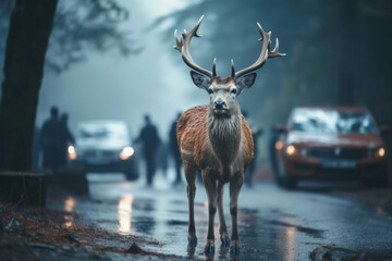 Wild animal on asphalt road in foggy morning, dangerous situation for driver on the road. Deer...