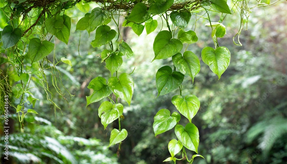 Poster vine climbing plant green leaves of hanging epipremnum aureum araceae bush on a background nature forest tropical jungle element video compositing footage