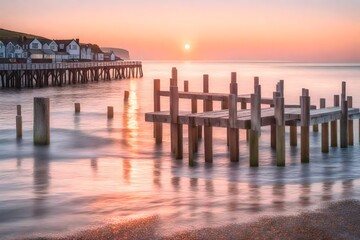 Obraz premium A serene and captivating sunrise at Swanage Dorset Pier, where the first light of day paints the sky in pastel shades