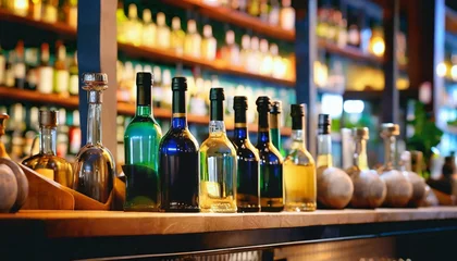 Foto auf Acrylglas bottles sitting on shelf in a bar © Diann