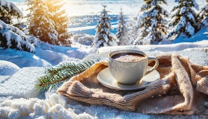 Obraz na płótnie Canvas cozy warm winter composition with cup of hot coffee or chocolate cozy blanket and snowy landscape on sunny winter day winter home decor christmas new years eve