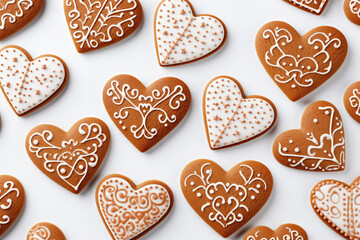 Valentine gingerbread heart shaped sweet holiday cookies on a white background flatlay top view. Generative AI