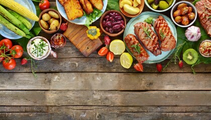 summer bbq or picnic food double side border over a rustic wood banner background various grilled...