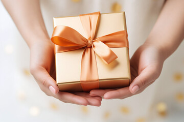 Close-up of a woman's hands holding a small gift wrapped in peach ribbon