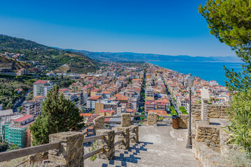 Panoramic view of Capo d'Orlando from the castle ruins, province of Messina IT	 - 696042407
