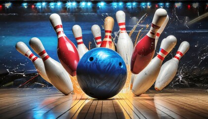 bowling ball hitting pins strike picture - obrazy, fototapety, plakaty