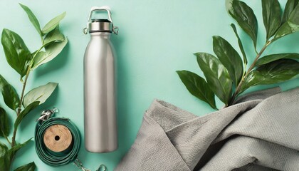 reusable eco friendly sustainable water bottle on mint background - obrazy, fototapety, plakaty