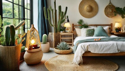 cozy asian bedroom with ethnic decor lamp on nightstand comfy bed carpet cactus in basket and natural green plant composition - obrazy, fototapety, plakaty