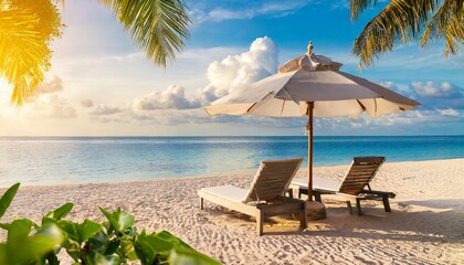 chairs and umbrella in tropical beach seascape banner