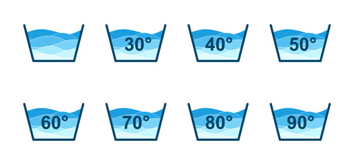 Machine wash temperature icons from 30 to 90 degrees celsius. Set of badges for Instruction to washing. Water temperatures signs for Laundry isolated on white background. Flat vector illustration - obrazy, fototapety, plakaty