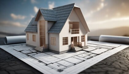 3d small house model on architecture floorplan created with generative ai - obrazy, fototapety, plakaty