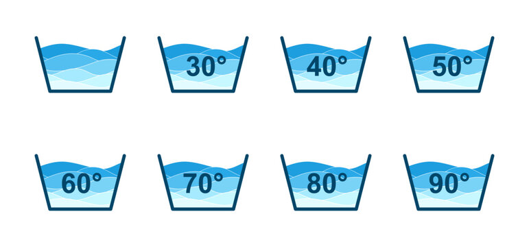 Machine wash temperature icons from 30 to 90 degrees celsius. Set of badges for Instruction to washing. Water temperatures signs for Laundry isolated on white background. Flat vector illustration