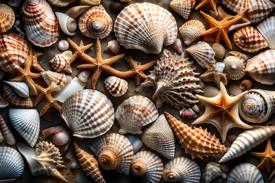 An exquisite image showcasing seashells in intricate detail, ideal for a full HD wallpaper, capturing the delicate textures and colors of these marine treasures 