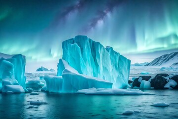Majestic icebergs standing tall in an arctic landscape, bathed in the ethereal light of the Northern Lights, the vibrant colors reflecting off the glacial surfaces