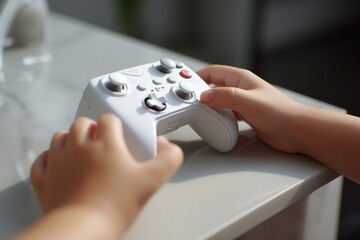 Manos de niño sujetando con atención un controlador de videojuego moderno
