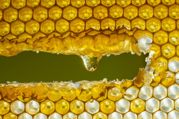 Honey dripping from honey comb on nature background, closeup. Sweet drop of honey on the honeycomb....