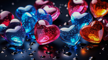 colorful glossy hearts with water droplets on dark background