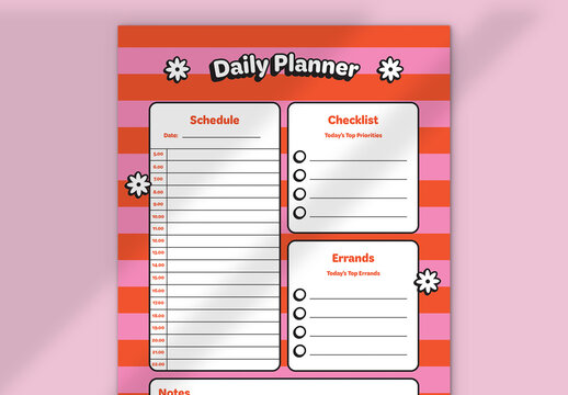 Daily Planner Layout with Red and Pink Stripes