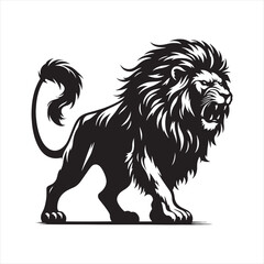 Lion Silhouette: Majestic King of the Jungle Roaring in the Moonlight Against a Serene Landscape - Minimallest lion black vector Silhouette
