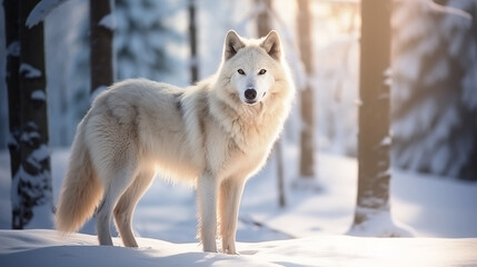 A white arctic wolf standing in the snow in a winter forest, the sun is shining on the fur - obrazy, fototapety, plakaty