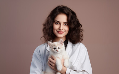Female veterinarian doctor with a kitten on the beige background.