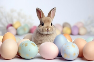 Little bunny, cute rabbit between pastel colored Easter eggs, Easter greeting card