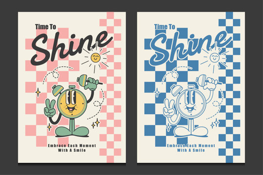 retro 70s posters with an alarm clock cartoon character, vector illustration