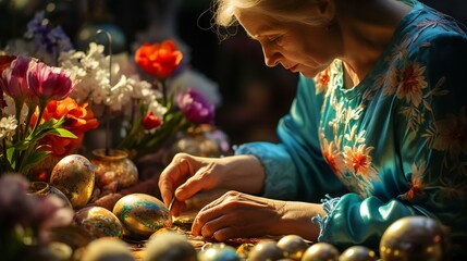 Elderly Woman Crafting. Easter or Traditional Theme. Creativity, Tradition - obrazy, fototapety, plakaty
