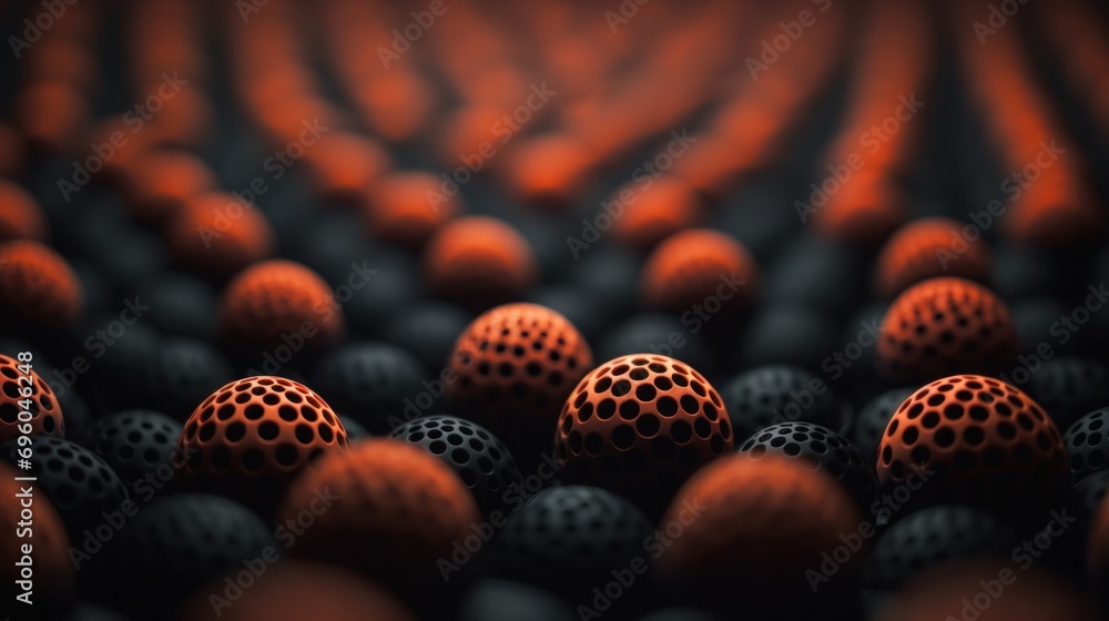 Wall mural a group of orange and black balls with holes in them, ai