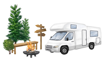 Traveling on a white motorhome. Camping in a mobile home, van, camper. A campsite in the forest with a campfire and a bench. Outdoor activities. Family leisure and holidays. Isolated illustration