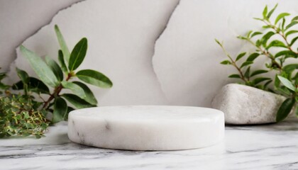 Obraz na płótnie Canvas Minimal white marble platform for presentation product with plant and rock stone background