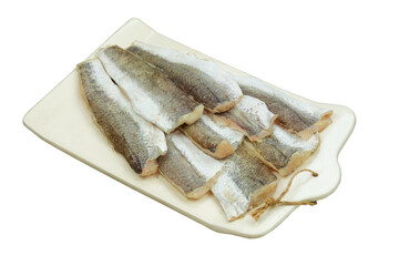 Raw hake on a ceramic board isolated on white background. Hake Filet. Ready to cooking. Raw fish.