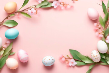 Naklejka na ściany i meble Easter holiday concept. Flat lay easter composition with a willow branch and eggs on a pink background.