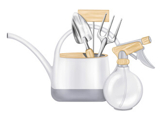 A composition of working tools, watering can, rake, shovel, spray gun. Tools for landscaping the garden and landscaping of house territory. Farming, growing plants and flowers. Isolated illustration © Helenika