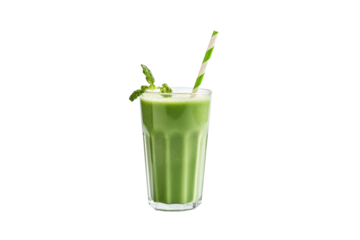 Glass of green smoothie with straws isolated on white or transparent background