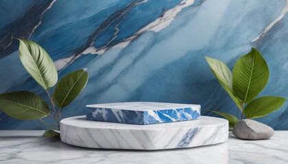 Minimal white and blue marble platform for presentation product with plant and rock stone background 