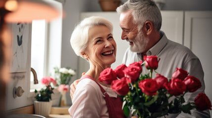 Elderly couple in a kitchen, with the man hugging the woman from behind, both smiling joyfully, as the woman holds a bouquet of roses.