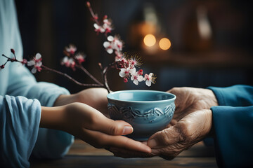 Sharing a Moment of Tranquility. Hands Offering a Flowering Branch over a Tea Bowl. Mindfulness and Cultural Tradition Concept for Meditation Space Design - obrazy, fototapety, plakaty