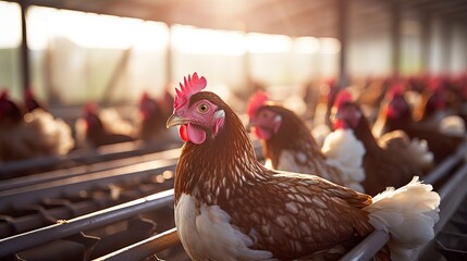Hens confined to factory chicken cages. - obrazy, fototapety, plakaty