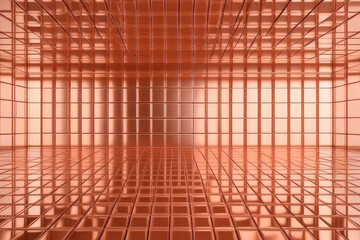 Mosaic cubic background. Wall decoration in rose gold and velvety peach tones. Trending color concept of the year 2024 Peach Fuzz.