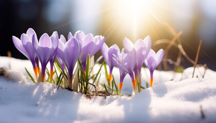 Crocuses in the snow in the forest in early spring, the first spring flowers in the sun. Spring...