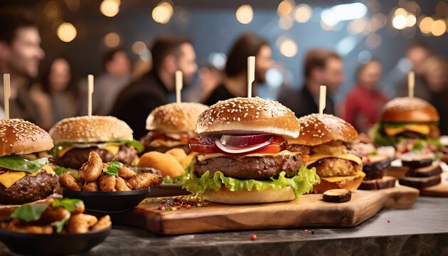 hamburguers sobre a mesa, lanches, festival de comida
