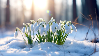 White snowdrops bloomed in a thawed area in the snow, in the background there are sun rays and a forest, the first flowers in spring